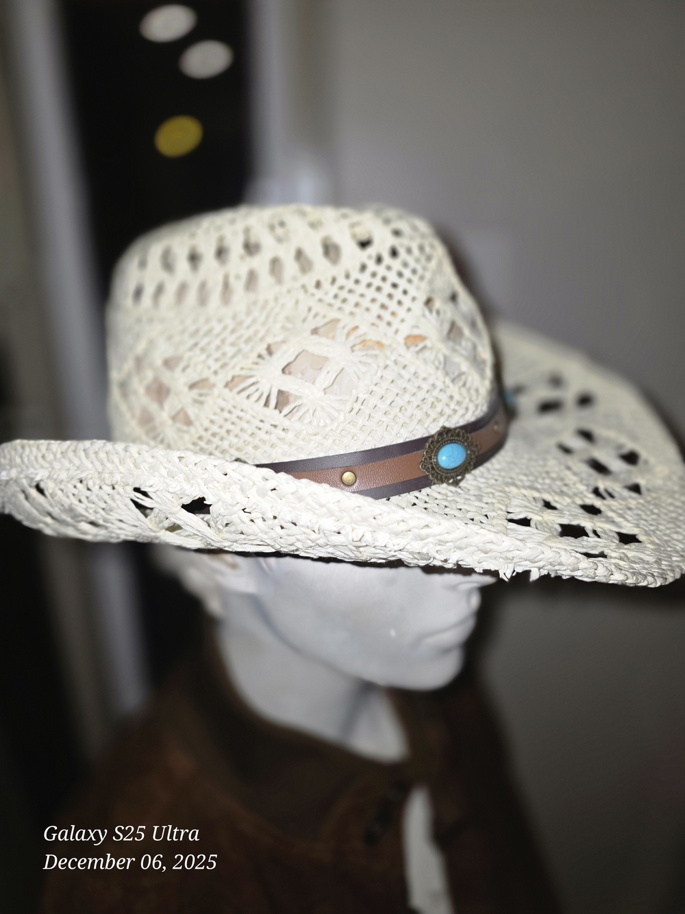 Straw Cowgirl Hat with Brown Leather Band and Turquoise Accents - Picture 3 of 5